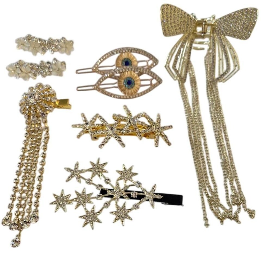 Lot of 8, NEW Gold hair clips, claws and slides with rhinestones‎ and tassels.